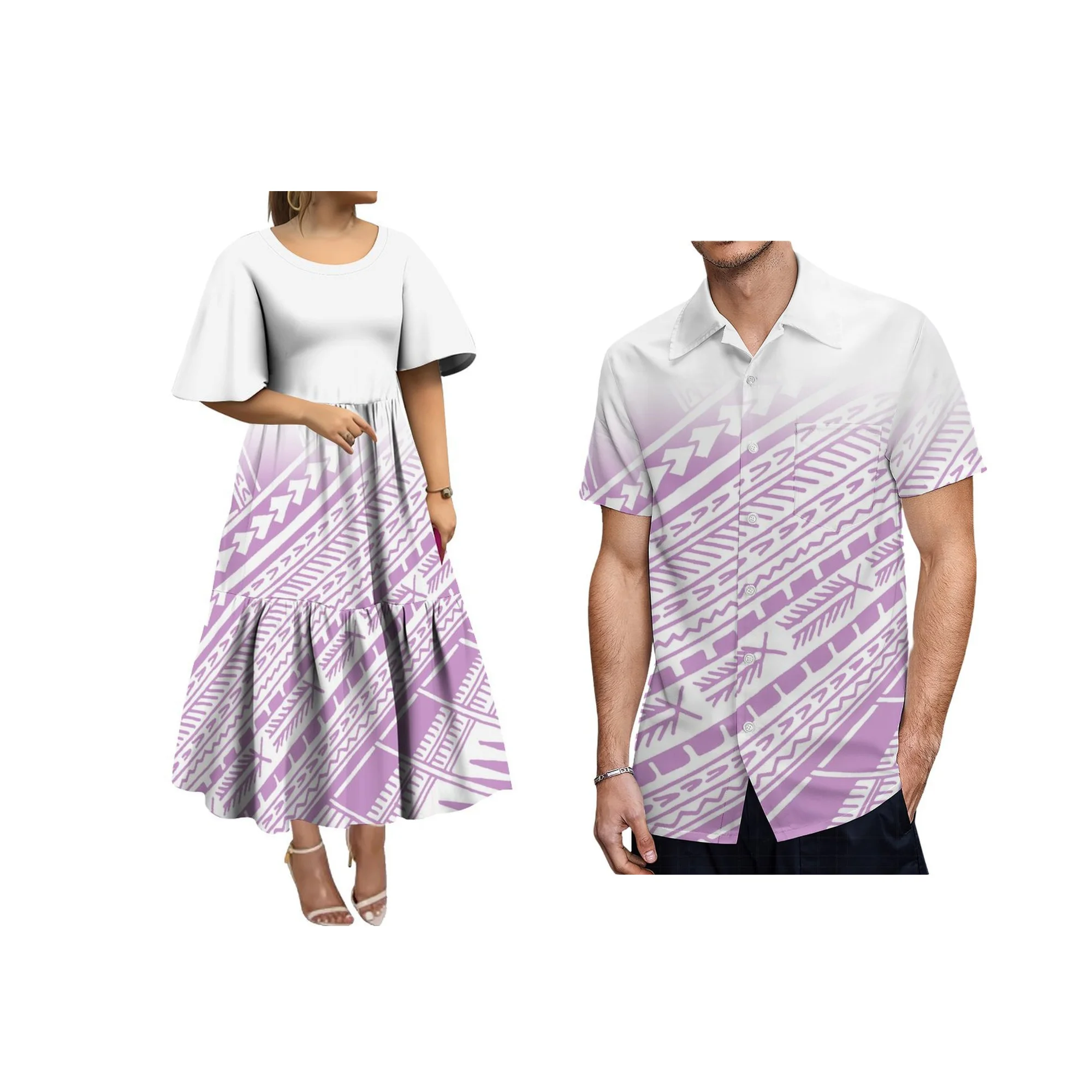 Promoção Lady Polynesian Tribal Print Plus Size Round Neck Flutter Sleeve Tiered Midi Vestido Island Vestido Custom Print