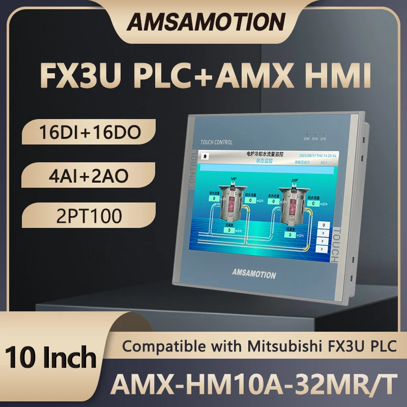 AMSAMOTION 10 Inch HMI PLC All In One Machine FX3U System 16DI 16DO 4AI 2AO PT100 Ethernet RS232 RS485 Touch Screen Panel