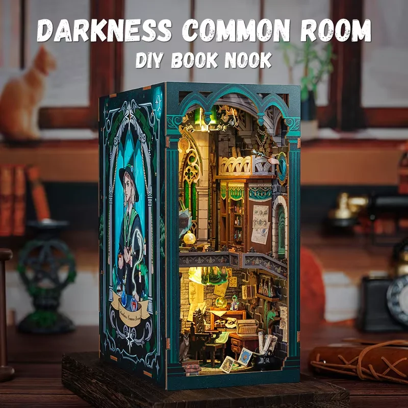 CUTEBEE DIY Book Nook Wooden Dollhouse with Light Dust Cover Magic Bookshelf Insert 3D Puzzle Decor Gift Darkness Common Room