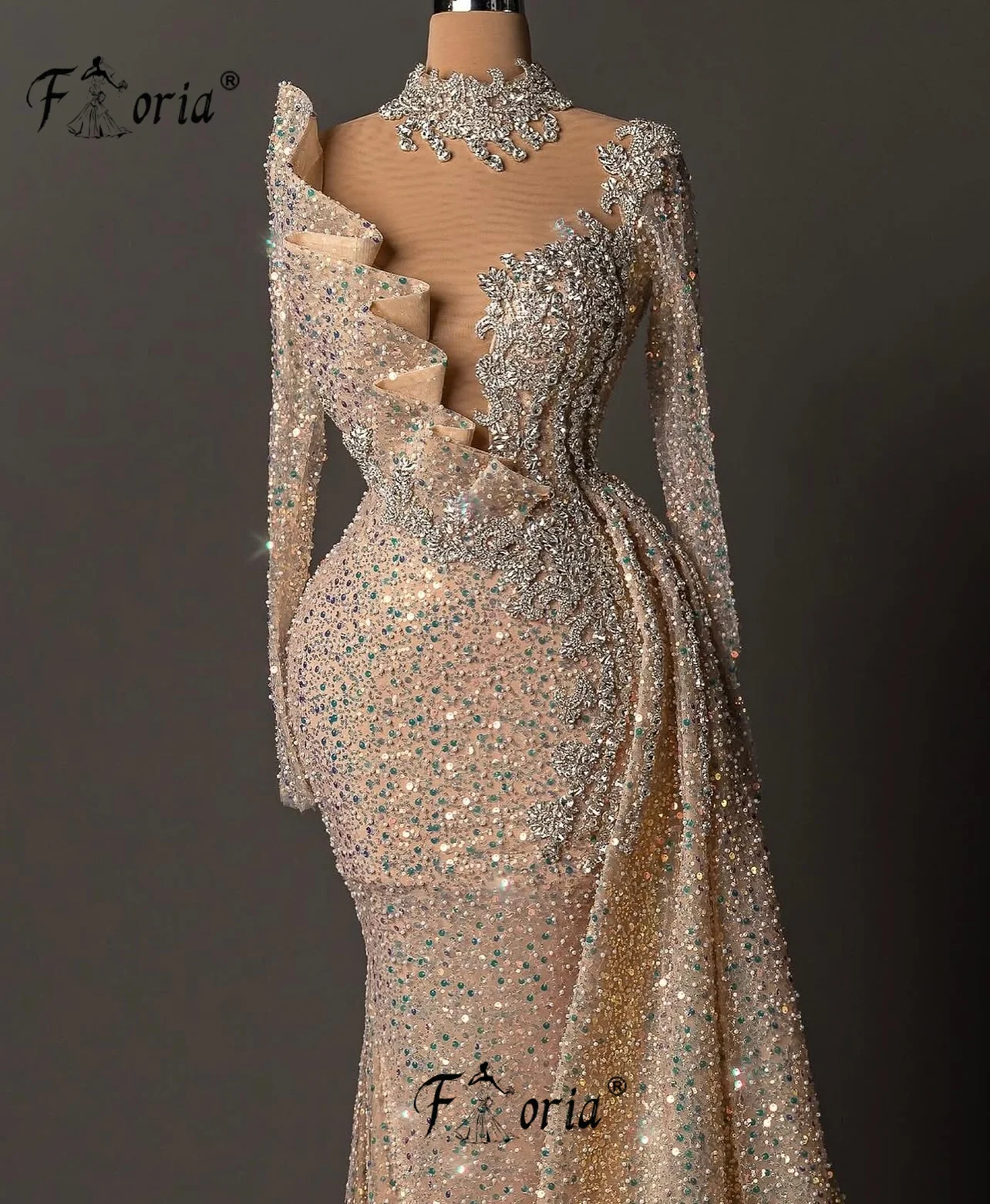 Muslim Woman Champagne Mermaid Wedding Dresses Stunning Crystal Sequins Long Party Dress Evening Customized Vestidos de noche