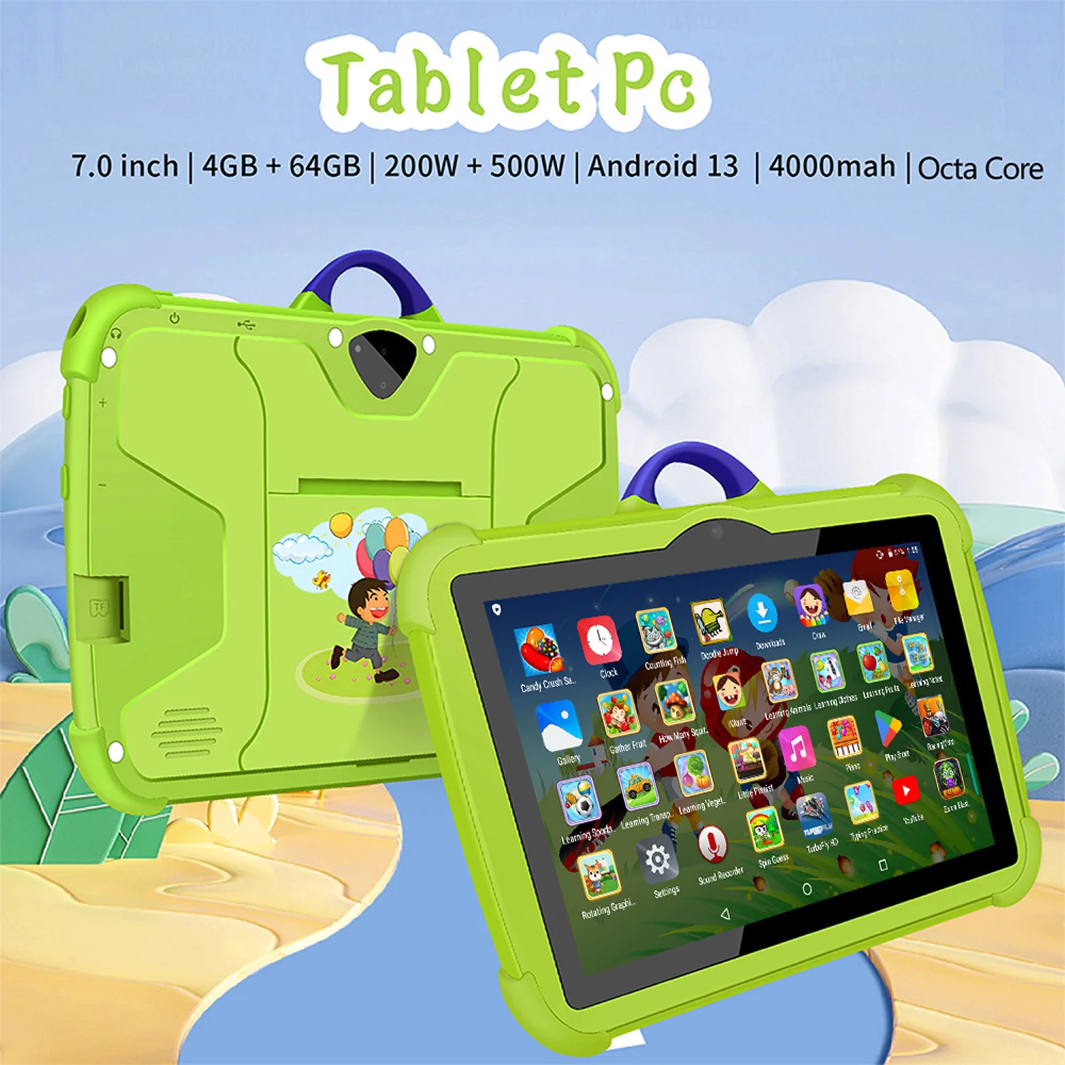 Tableta de 7 pulgadas con WiFi 5G para niños, Tablet Pc con ocho núcleos, versión Google, 4GB de RAM, 64GB de ROM, cámaras de doble arco, regalo para niños