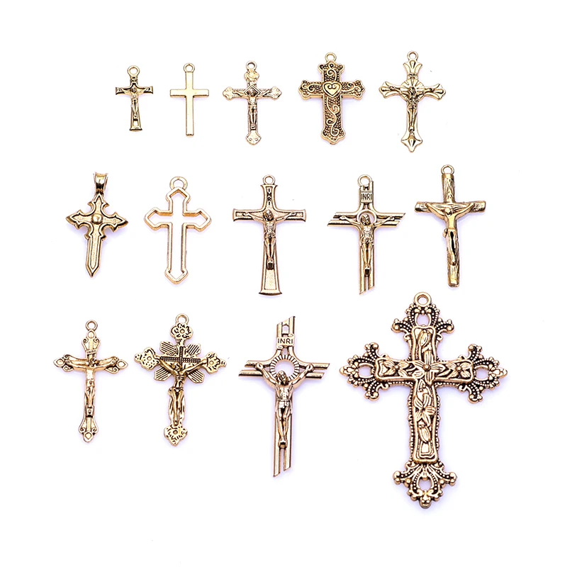 14Pcs Mix Fashion Golden Color Cross Charms Religious Redemption Zinc Alloy Pendant For Necklace Jewelry Making DIY Accessories