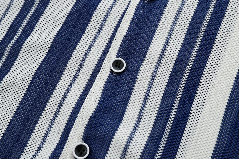 Retro Blau-Weiß Gestreifte Netzstrick-Hemden für Herren Ausgehöhlte Kurzarm-Strickjacke Sommer Hawaiianische Strandhemden Lässige Übergrößen-Hemden – Detail 8