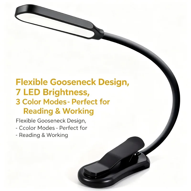 7 LED Clip On Reading Light 3 Color Modes Flexible Gooseneck USB Rechargeable Book Lamp For Bed Desk Study Night Reading