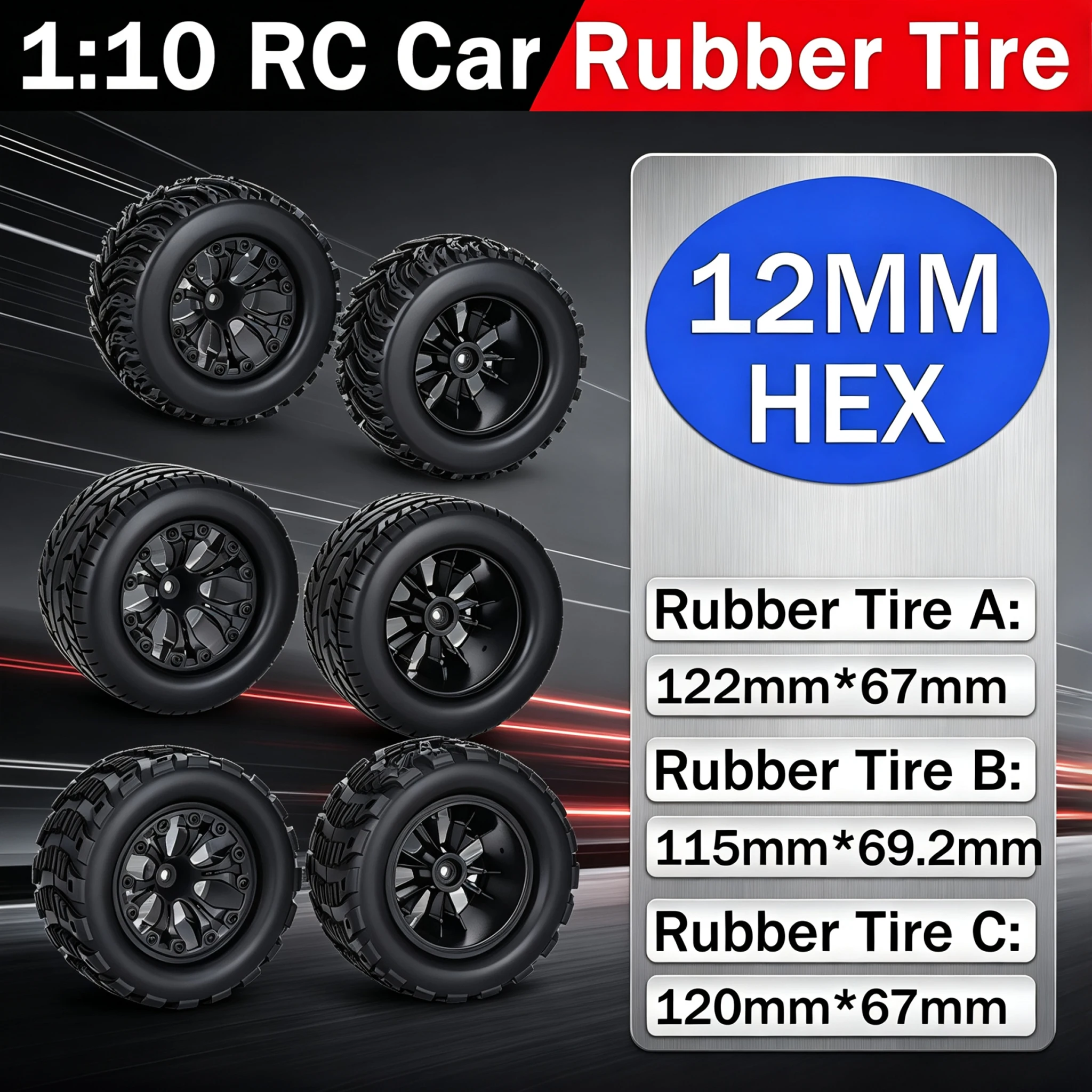 2/4Pcs 115/120/122mm RC Car Rubber Tires 12mm Hex Hub for 1:10 Trx4 Axial Scx10 Wraith Redcat HPI RC Crawler Upgrade Parts