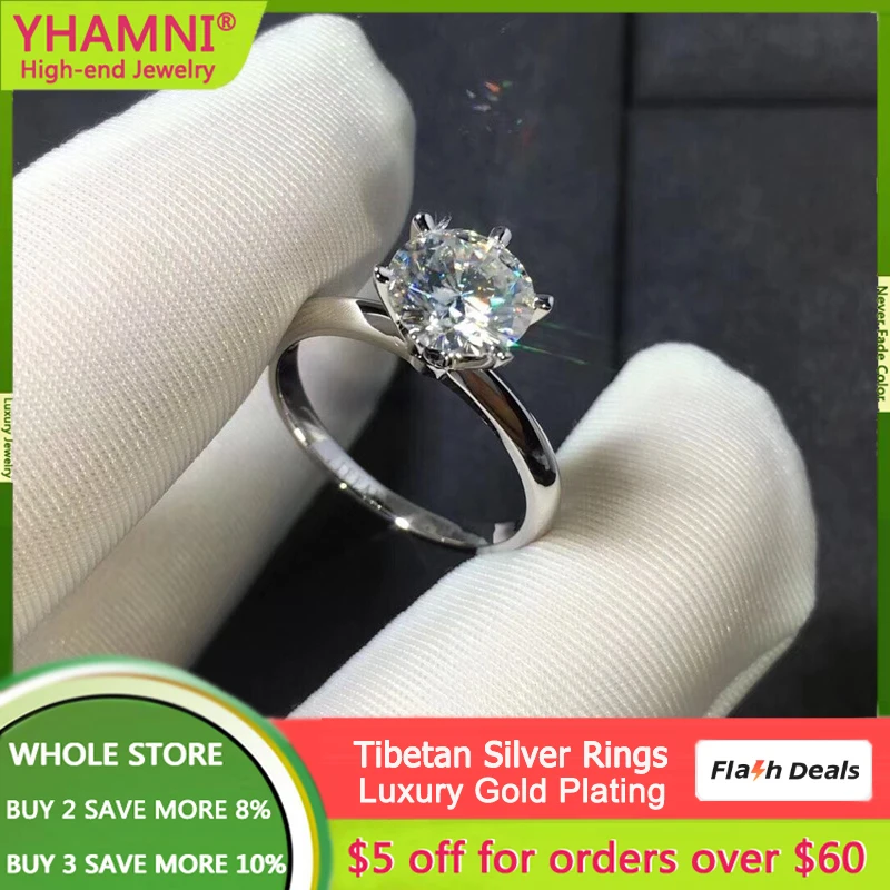 YHAMNI Luxury Pure White Gold Color Original Certified Tibetan Silver Round 1.5 Carat Zircon Rings For Women Wedding Jewelry