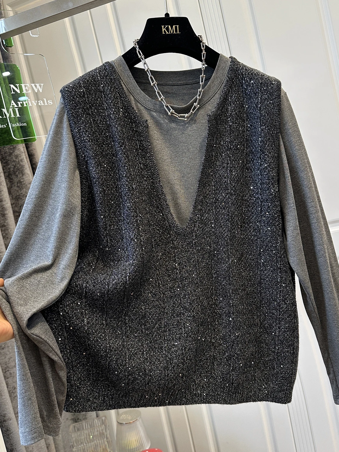 

Свободный вязаный однотонный топ на бретелях с V-образным вырезом, женский модный комплект, одежда ранней осени, повседневный длинный све, круглый Ne