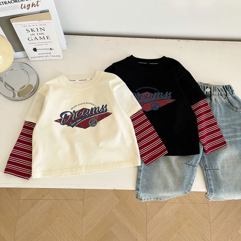 

Fake Two-piece Printed T-shirt Spring New Fashionable Comfortable Boys Children Personality Cool All-matching Loose Casual