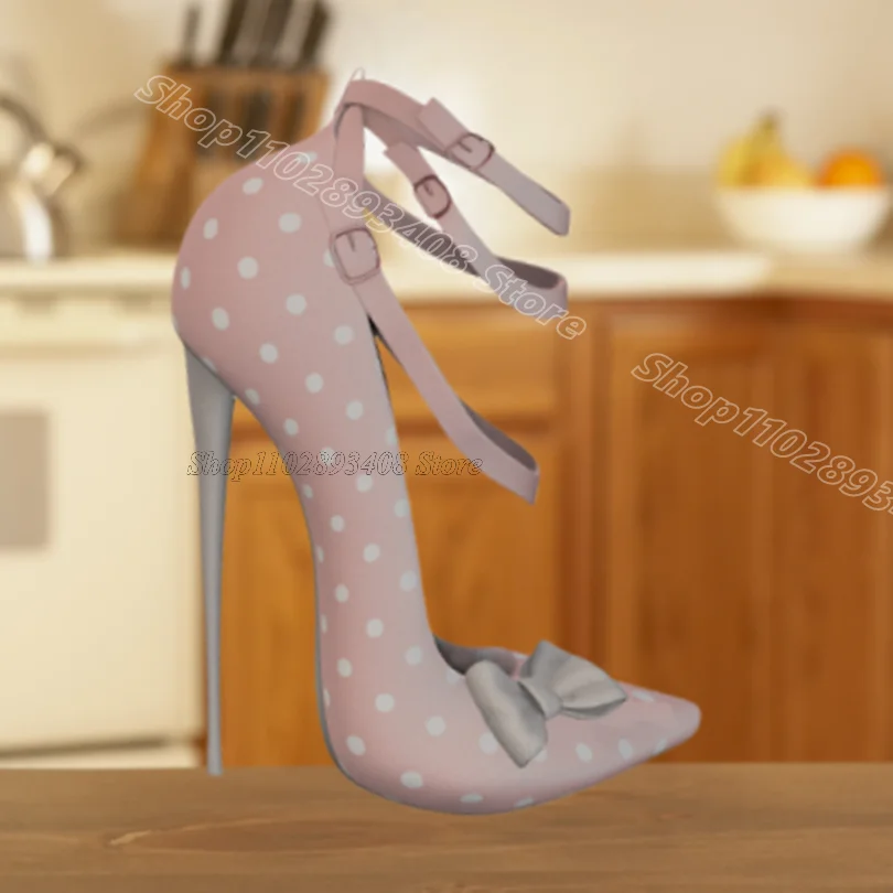 Pink Polka Dot Bowknot Pumps Round Toe Stiletto British Style Women Casual Dress Elegant Spring Sexy Pumps Zapatos Para Mujere