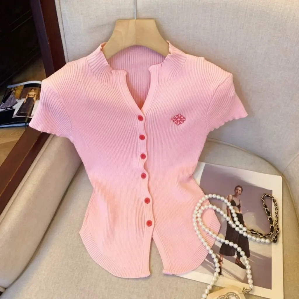 

Korean Single-Breasted V Neck Women's Cardigan Short-Sleeved Knitted Slim Fit Summer Top Right Shoulder Design New Style