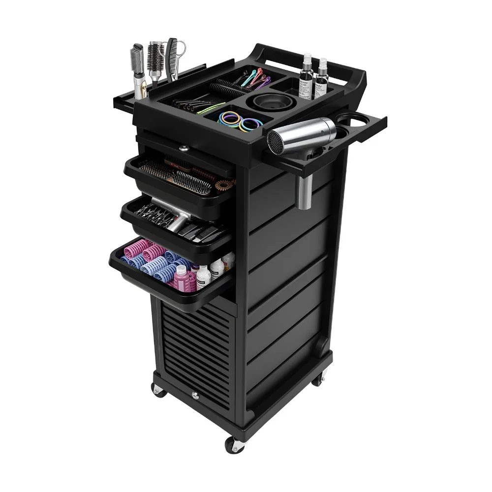 7-Layer Black Salon Trolley Cart, Multi-Function Rolling Salon Spa Service Cart, Rolling Hair Cart Organizer with