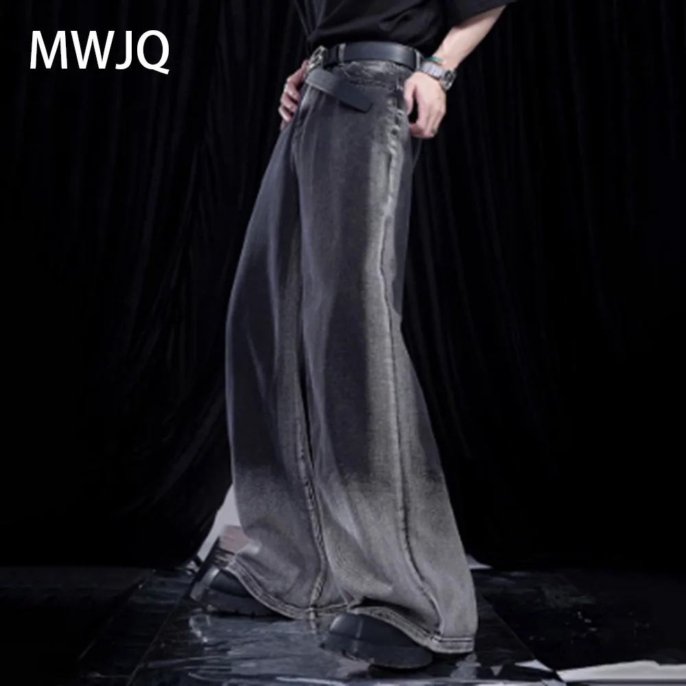 

MWJQ Gradual Retro Straight Jeans Men's High Street Spring Washed Worn-out Fashion Wide Leg Pants Full Length Trousers 010220