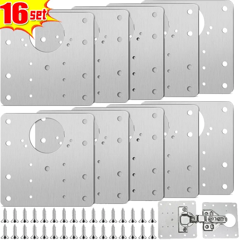 

2/16Sets Stainless Steel Hinge Repair Plate Furniture Cabinet Drawer Hinge Mounting Plate with Screw Flat Fixing Brace Bracket