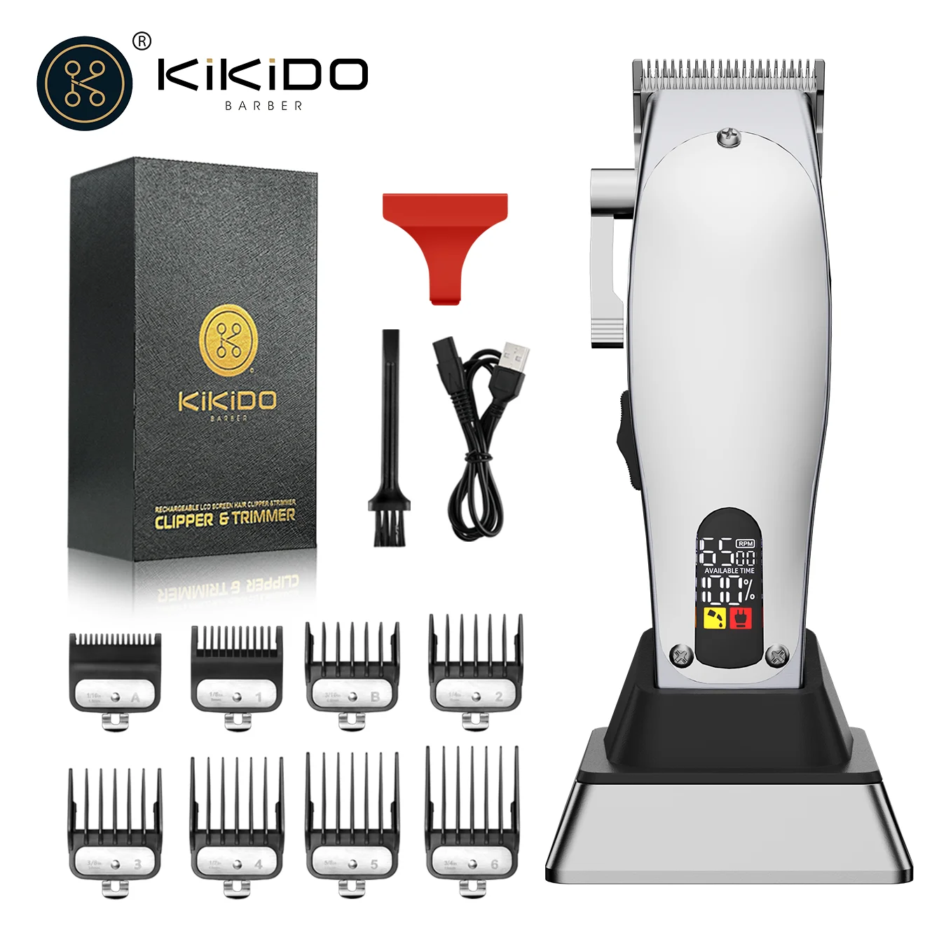 KIKIDO Professional Metal Hair Clipper Rechargeable Hair Trimmer 6500 RPM Professional Cordless Hair Cutter Machine for Men