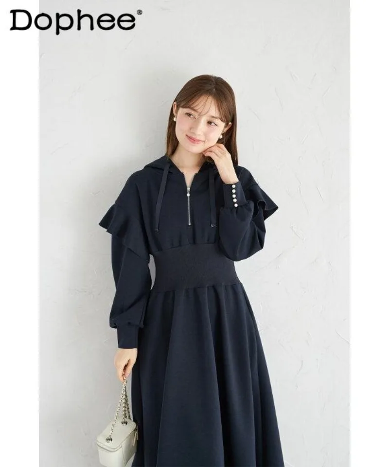 

2026 Spring New Japanese Style Ruffle Sleeve Hooded Dress Sweet Cute Girl Gentle Lady Long Sleeve Dress