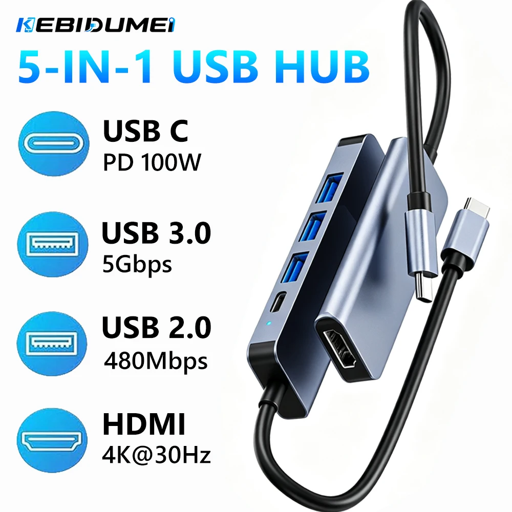 KEBIDUMEI USB 3.0 HUB 5 in 1 TYPE-C to 4K HDMI-Compatible Docking Station Multi Port Splitter Type C PD Charging Dock For Laptop