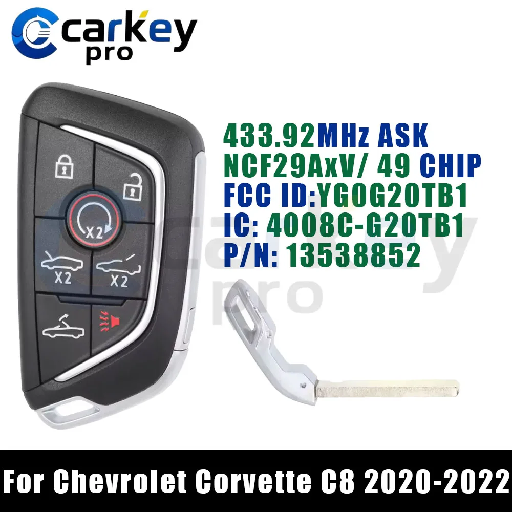 Carkeypro 6+1 Button Smart Key 433.92MHz ASK  49 CHIP YG0G20TB1 Keyless  For Chevrolet Corvette C8 2020-2022