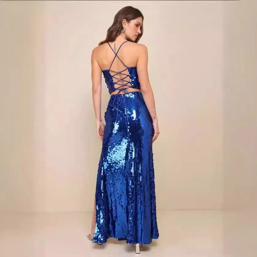 Robe de soirée à lacets à paillettes pour femmes, robe de danse longue, robes de soirée sexy, robe de soirée formelle, remise des diplômes, 2 pièces