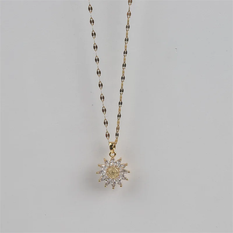 1PCS Gold-color Necklace Ladies Light Luxury Style Flower Pendant Inlaid Zirconia Titanium Steel Chain Holiday Jewelry image 5