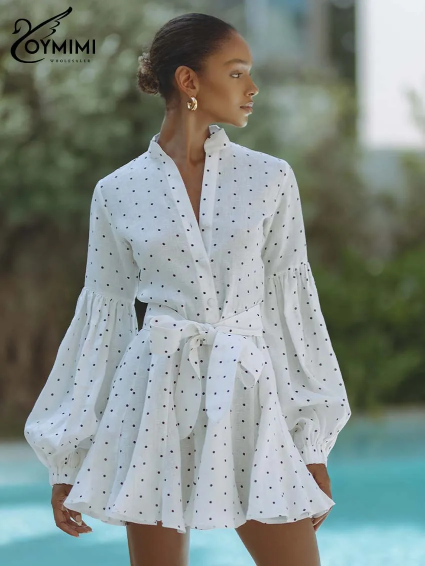 Oymimi Women's White Polka Dot Mini Dress 2026 Spring Bell Sleeve Tie Waist Button Front Casual Vacation Fashion Trendy Wear
