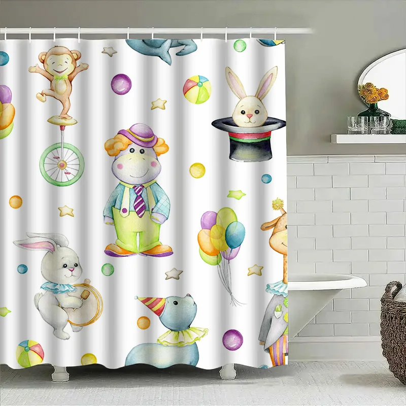 

Magical Circus Animal Cartoon Shower Curtain Kids Bath Decor Waterproof Fabric White with Various Character Designs for Bathroom