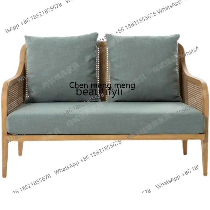 cc182French solid wood log color simple braided rattan sofa double three person fabric balcony small apartment furniture R