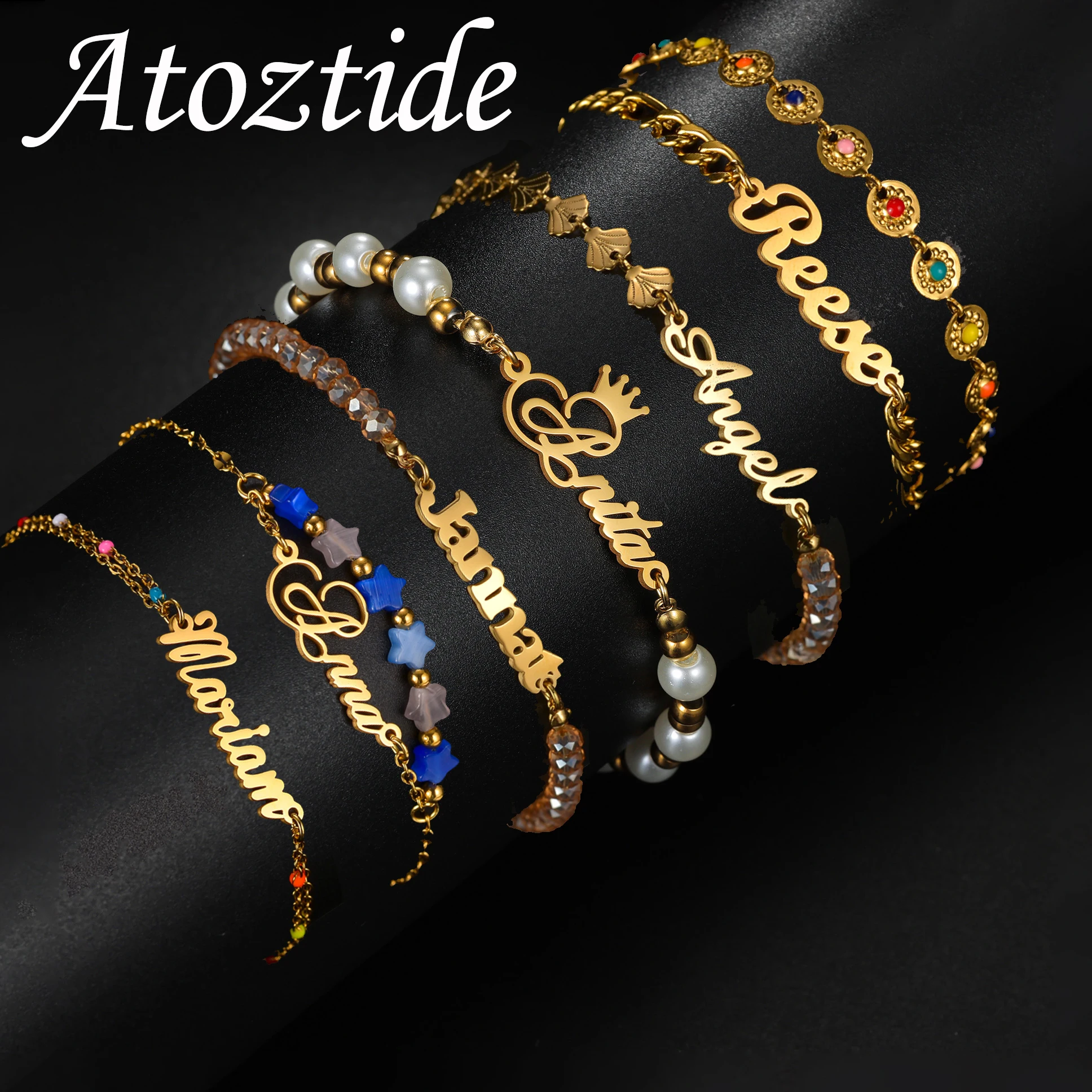 

Atoztide браслет с индивидуальным именем для женщин персонализированные ювелирные изделия из нержавеющей стали ручной работы браслет-цепочка из бисера подарок на день рождения