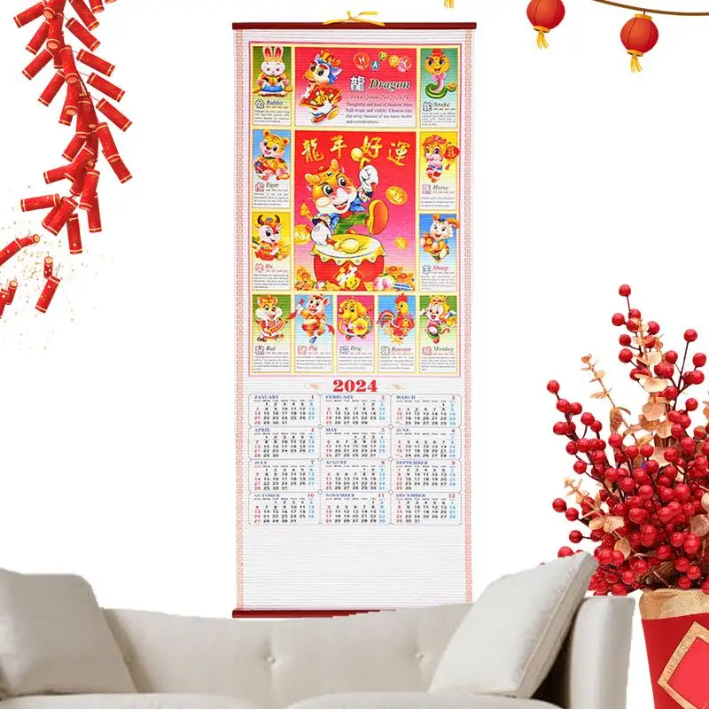 

Chinese Wall Calendar 2024 Scroll Hangable Traditional Spring Festival Zodiac Animals Organizer Calendar Year Round Calendar