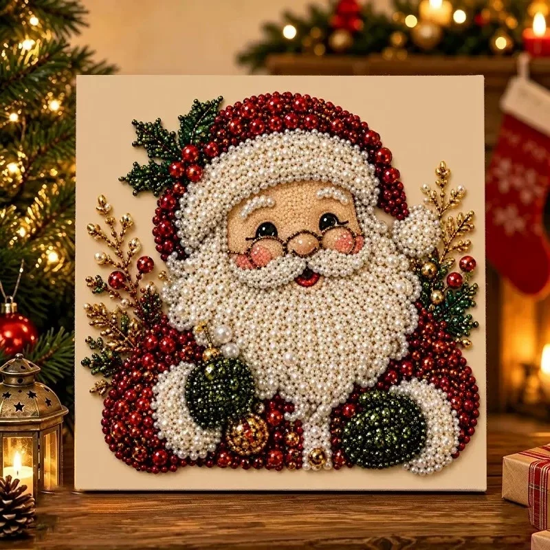 Christmas Pearl Painting with Adhesive Canvas 3D DIY Santa Claus Tree Handmade Craft Set Diamond Art Home Decor Adults Gifts