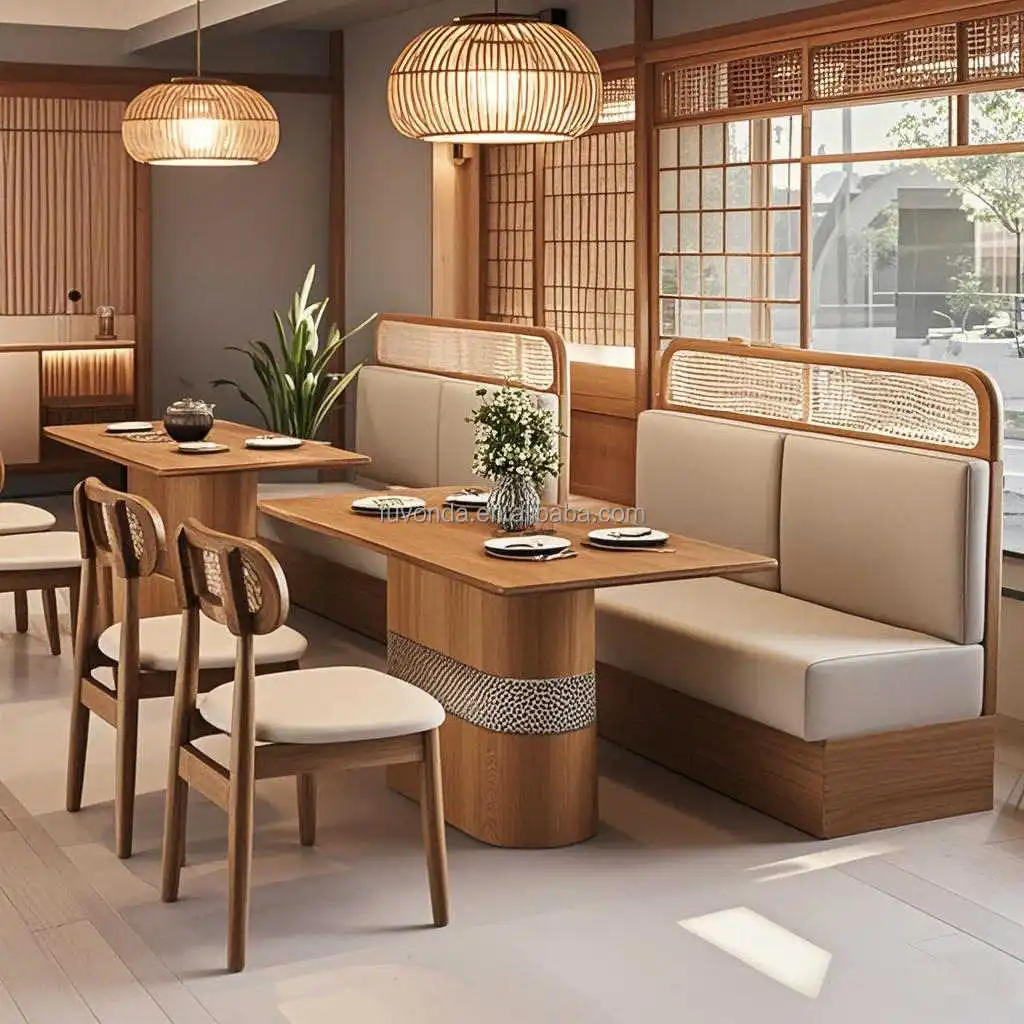 Solid Wood Frame Booth Sofa with Rattan Match with Slad Table Solid Wood Chair Set Coffee Shop  Sofa Seating Chair and Table Set