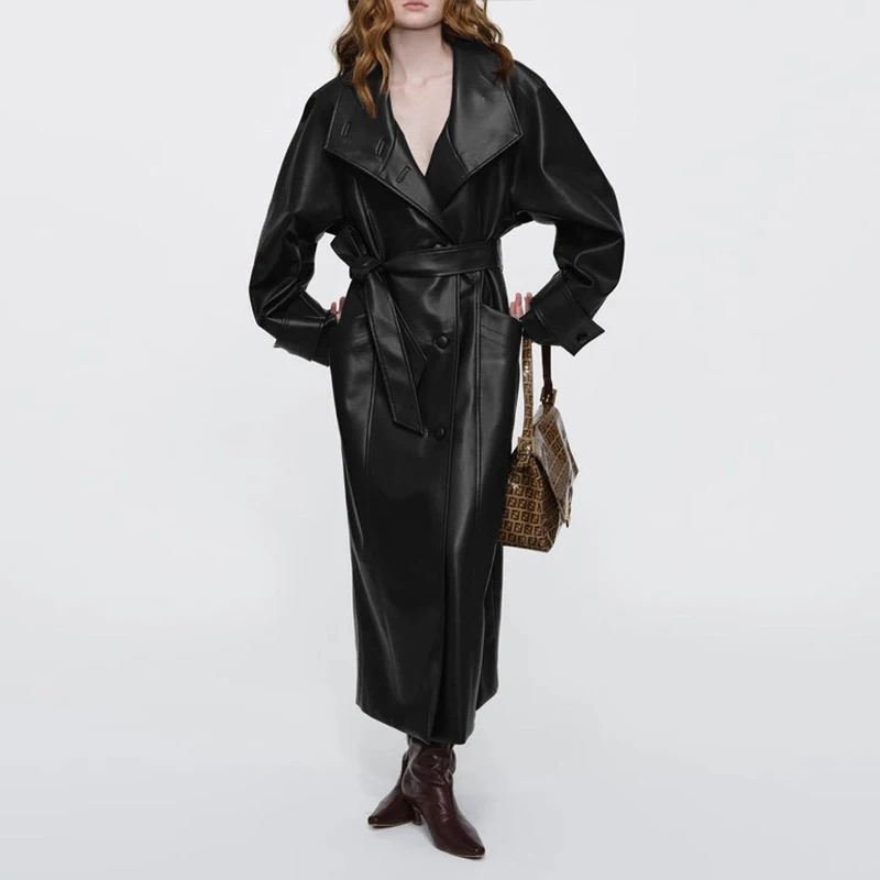 معطف واق من المطر من الجلد الطبيعي لعام 100% للنساء لخريف وشتاء فاخر من جلد الغنم وطية صدر كبيرة وحزام واحد فضفاض طويل ملابس خارجية