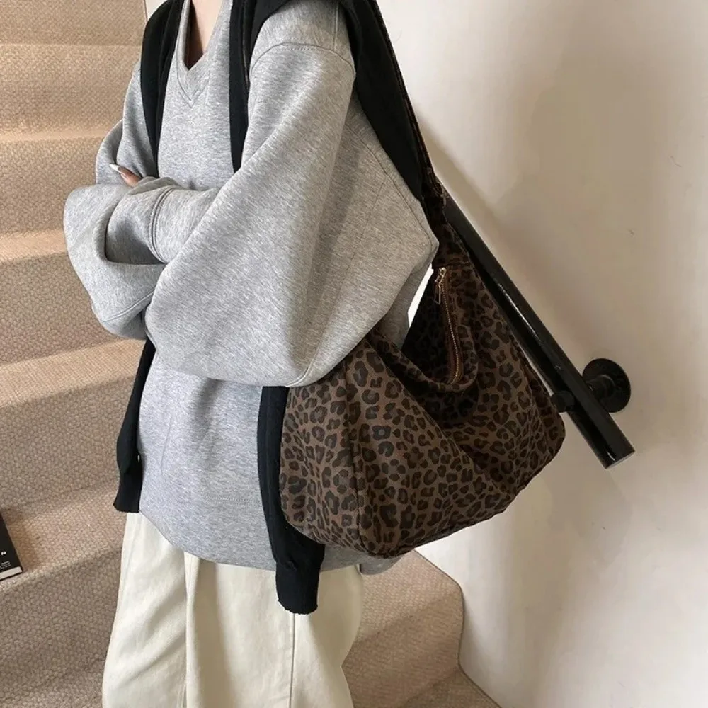 Casual Soft Textile Women's Shoulder Bag Large Capacity Adjustable Strap Leopard Print Bag Tote Handbag Crossbody Bag