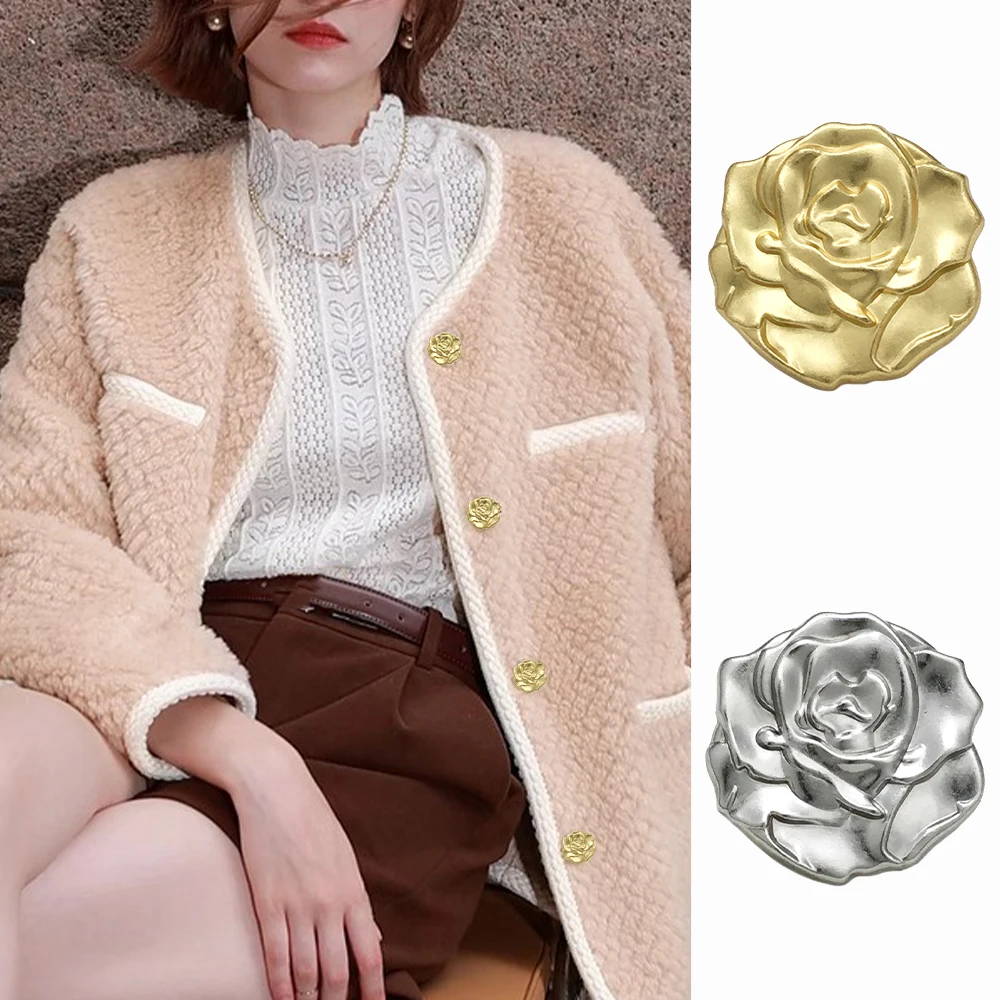 

10pcs Vintage 3D Rose Metal Buttons for Sweaters, Cardigans, DIY Crafts (17.5/22.5mm) Gold & Silver Elegant Sewing Accessories