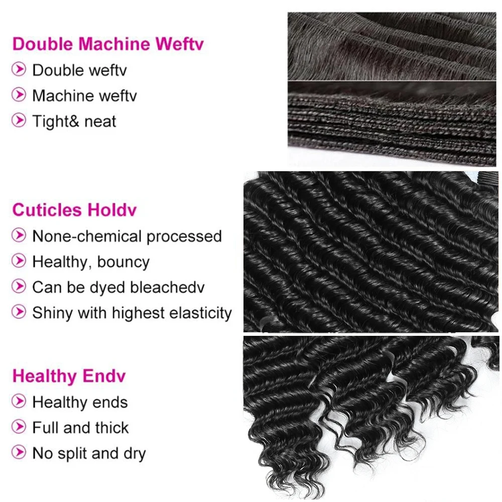 Deep Wave 28 34 38 บราซิล 100% Remy Hair Extensions เปียกและหยัก Curly Human Hair 3/4 Pcs ชุดดิบผม