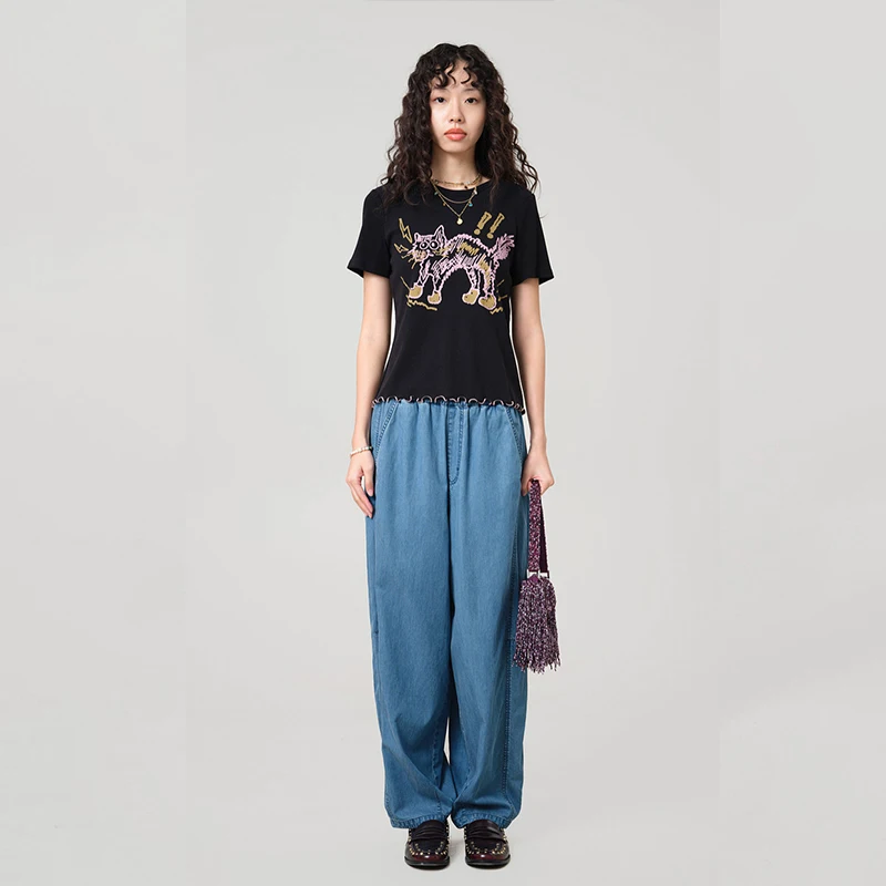 MOVEUP Straight Jeans For Women 2026 Summer New Lyocell Elastic Waist Bright Line Solid Pocket Loose Casual Trousers 3ELX40310