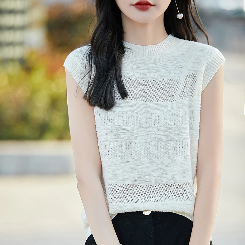 

Summer wool women's pullover sweater with round neck and short sleeved sweater soft and breathable high-quality fashionable top