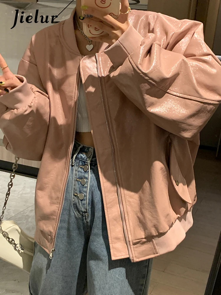 

Jielur Autumn New Casual Loose Trench Woman Retro Street Fashion Trench Female Pink Simple Basic Simple Chicly Trench Women