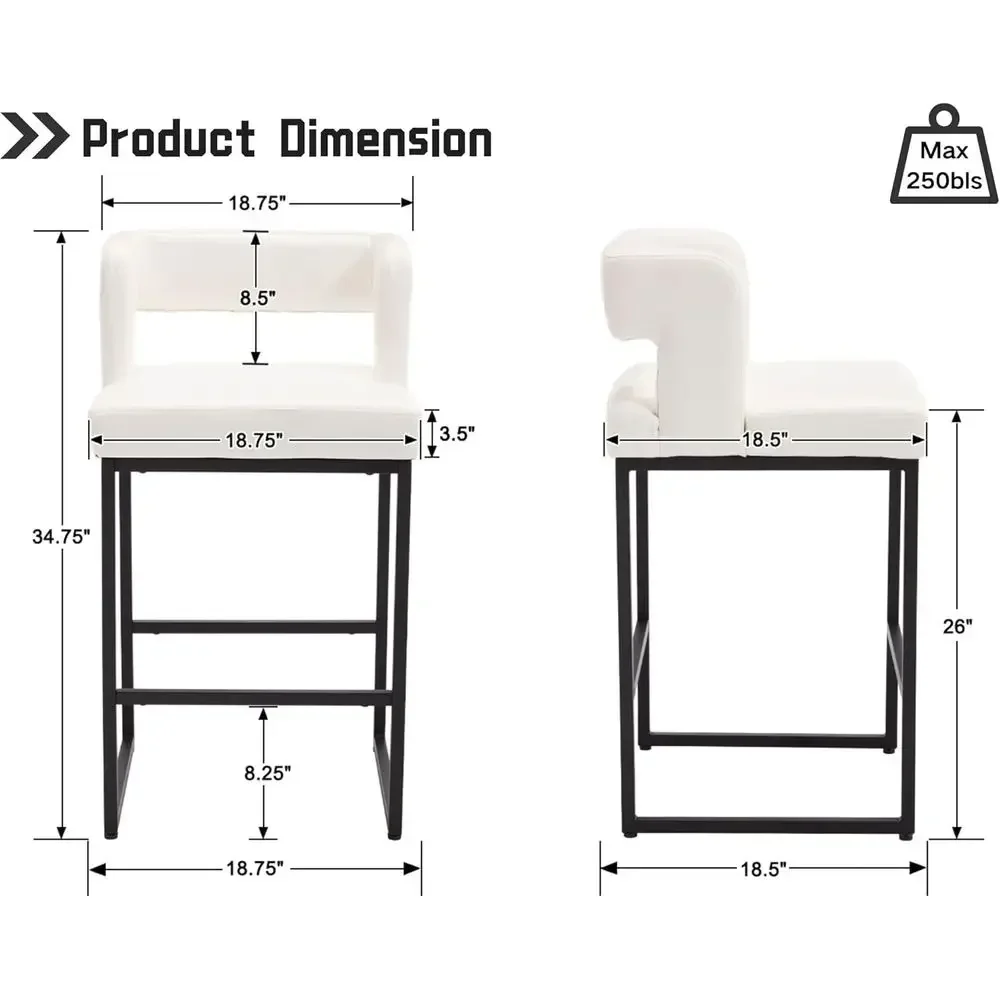 Set of 2 White Leatherette Counter Height Bar Stools with Open Back and Black Metal Frame for Kitchen Island view 2