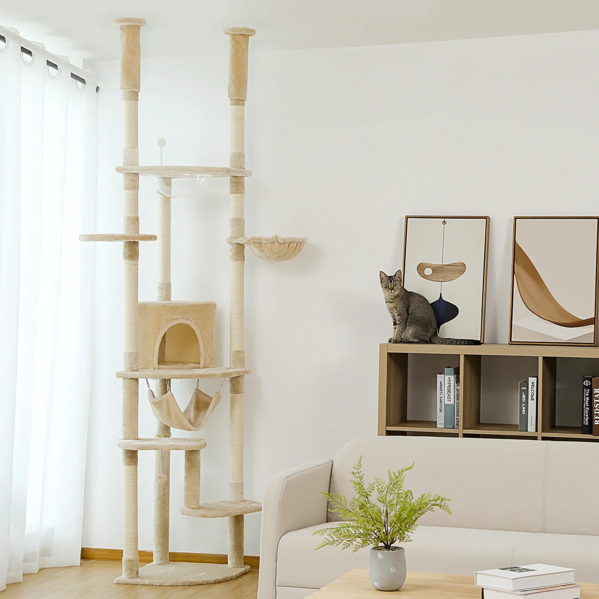 

%a Floor to Ceiling Cat Tree Adjustable Cat Tower Tall Kitty Climbing Play House with Scratching Posts Cozy Condo Perches Hamm