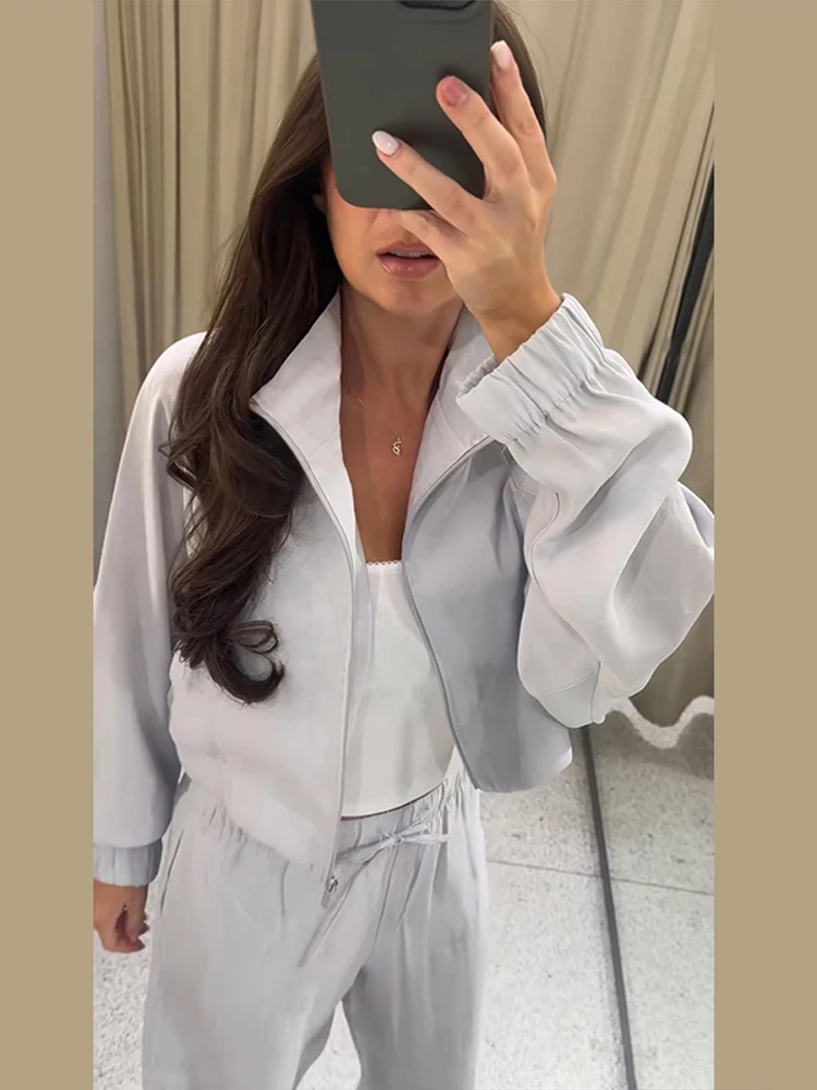Damen-Hosenanzug 2-teilig mit Stehkragen, Laternenärmeln, Kurzmantel und Weiten Hosen, Modische Streetwear für Damen, Neu – Detail 15