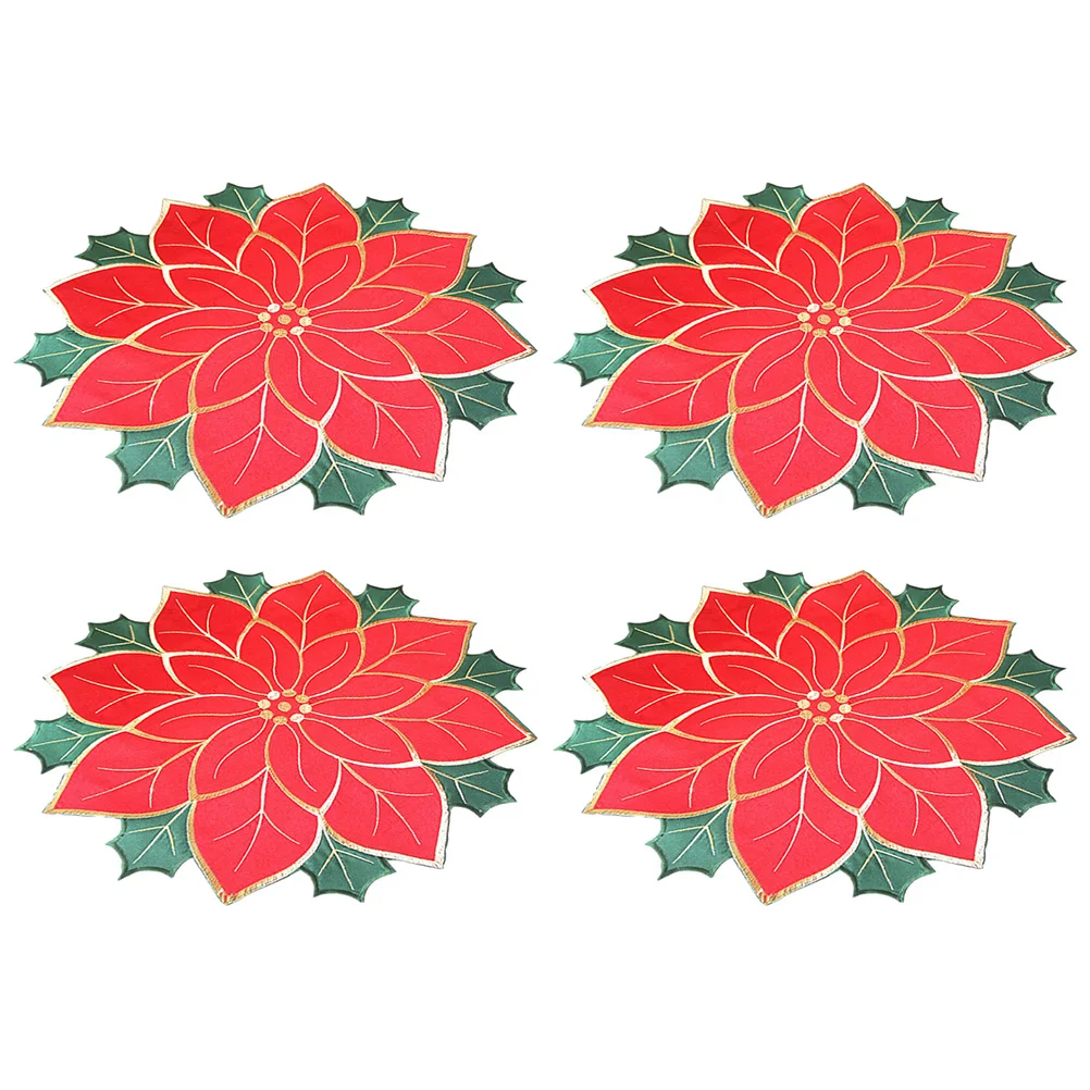 4pcs Xmas Placemat Dinning Plate Mat Insulation Heat-Resistant Poinsettia Design Christmas Table Decor Reusable Tabletop Mats