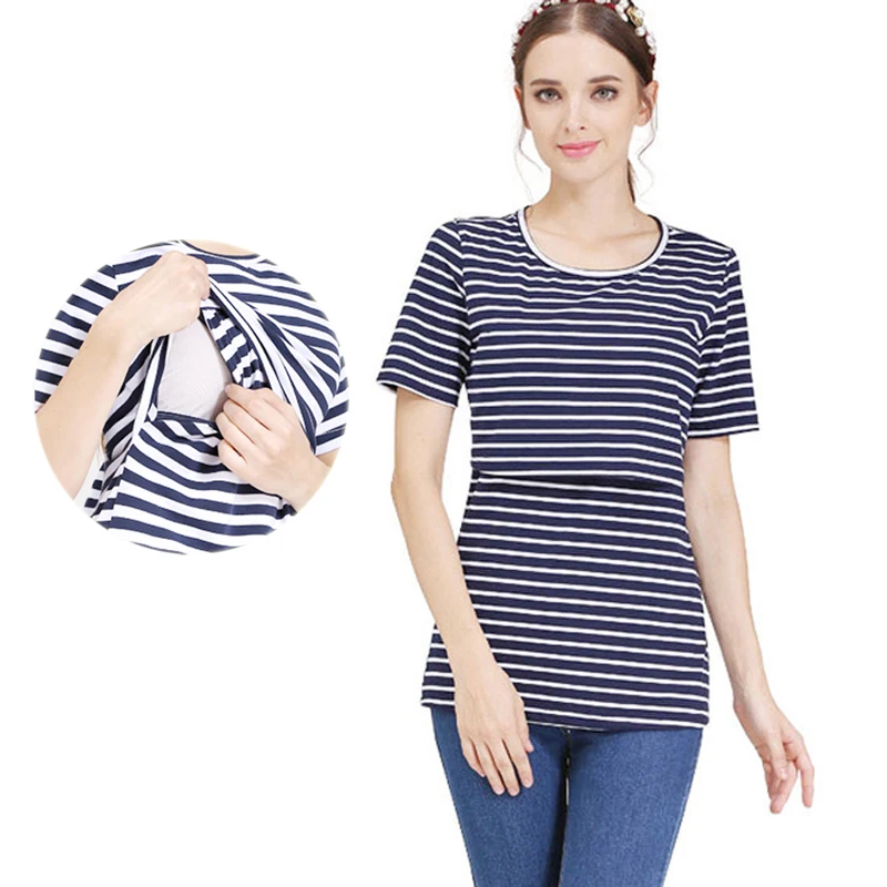 Striped Nursing Maternity Tee Short Sleeve Crew Neck Lift Feeding Double Layer Soft Cotton Plus Size Pregnant Women Daily Top