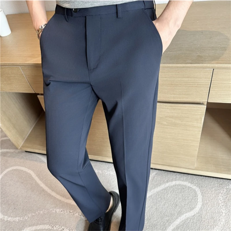 Spring&Fall 7.5% Lyocell-blend Suit Pant for Men with Elastic Waistband,navy Blue Casual Trousers for Business/office/commuting
