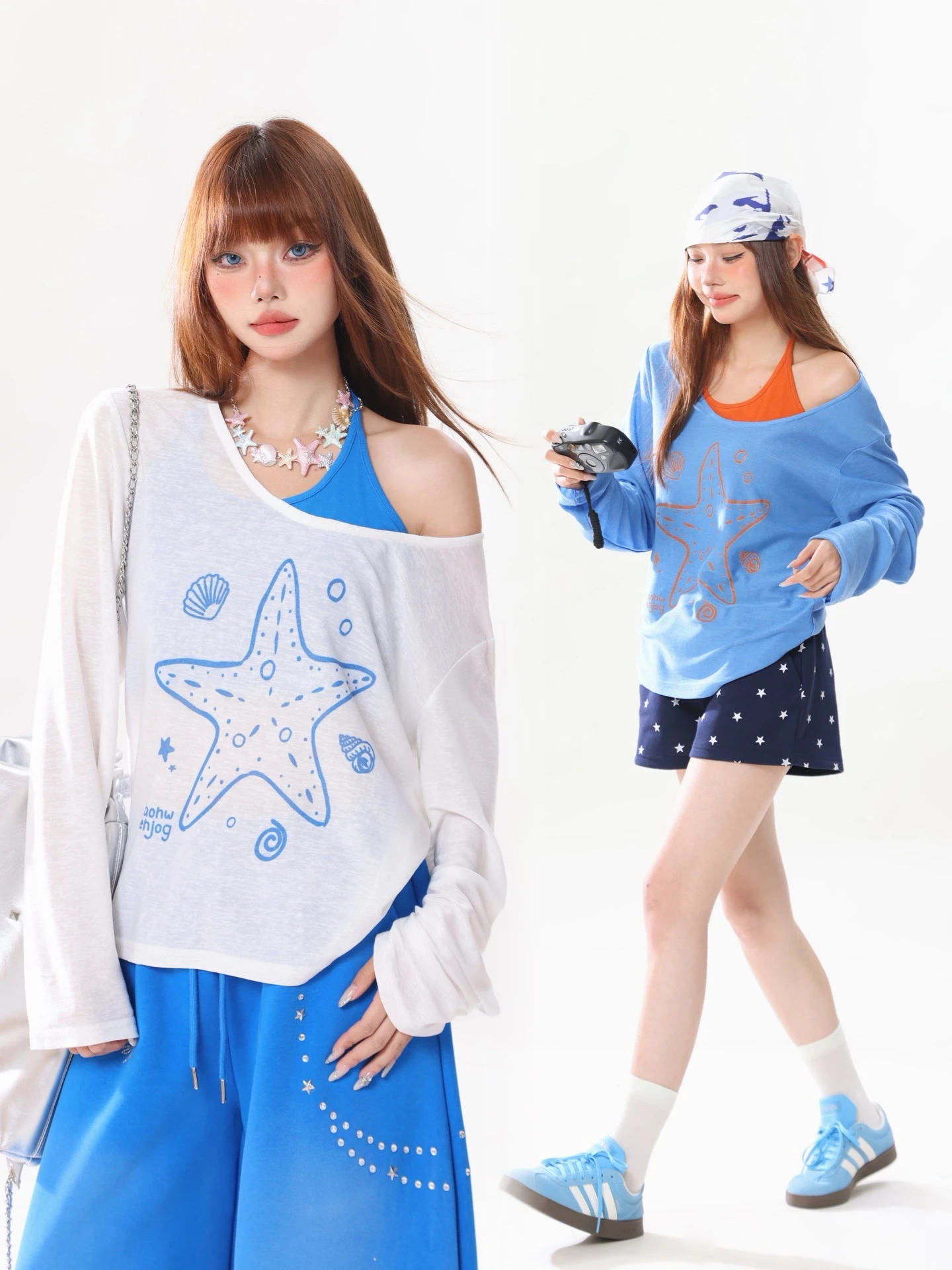 

Женский комплект AONW Star Sea: футболка с длинным рукавом и жилет с защитой от солнца, свободный крой, для весны и лета, новый, повседневный, из двух предметов