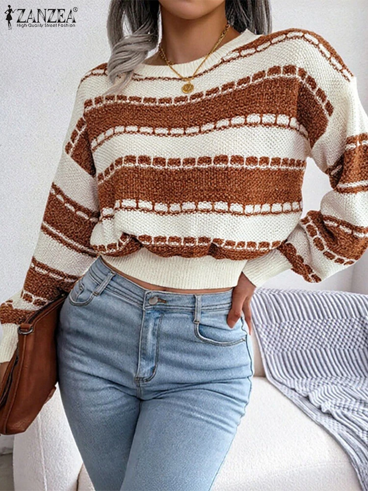 

ZANZEA Women Cozy Knitting Pullover Sweaters 2025 Autumn Casual O-Neck Long Sleeve Contrast-Color Striped Jumpers Woman Clothes