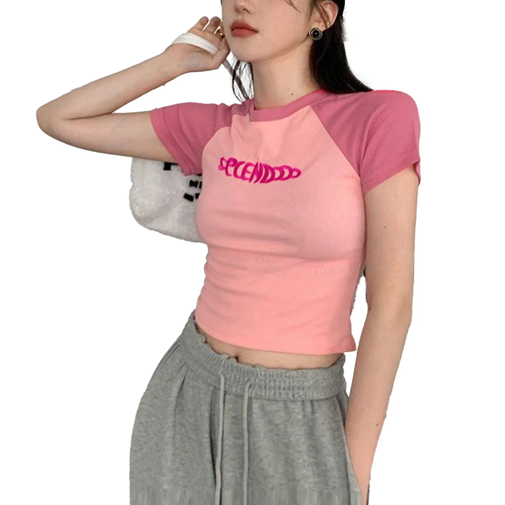 Comfortabele Dames T-shirts Tops Korte mouwen Slanke effen kleur Dames Y2K Alle seizoenen. Casual ronde hals Hot Girls