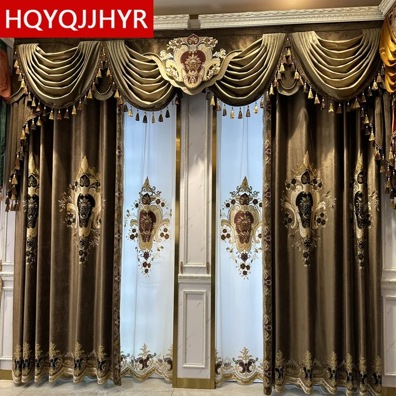 

HQYQJJHYR Custom-made Coffee-colored Valance Villa Living Room Curtain American Luxury Beautifully Decorated Bedroom Curtains