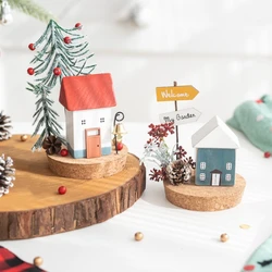 Christmas Tabletop Decorations Winter Wooden House with Mini Artificial Trees Sign Home Room Living Room Decor Ornaments Gift