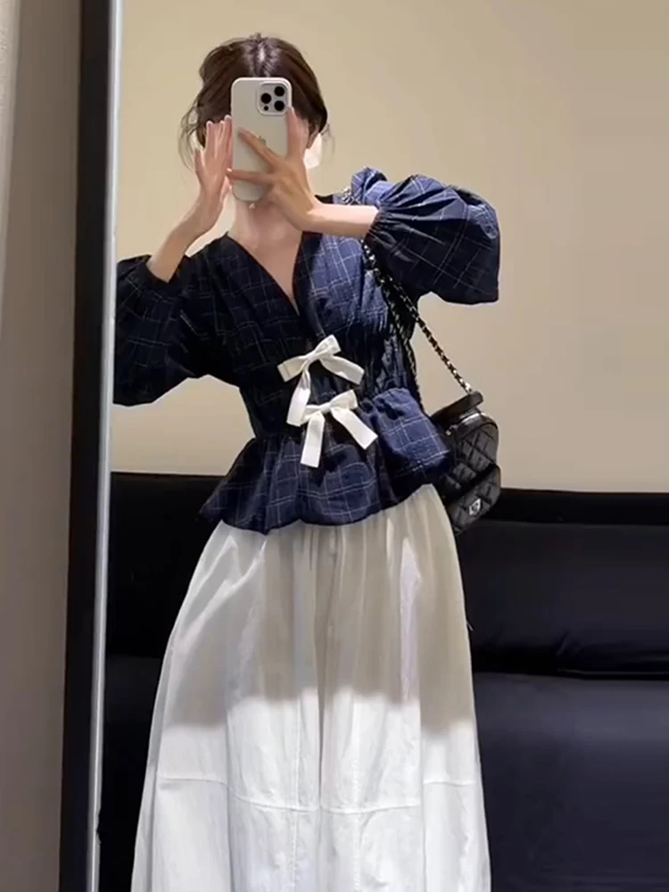 

Корейская женская клетчатая юбка трапециевидной формы, осень 2023, новая свободная тонкая юбка трапециевидной формы, комплект из двух предметов с узлом Long Sve V-Ne