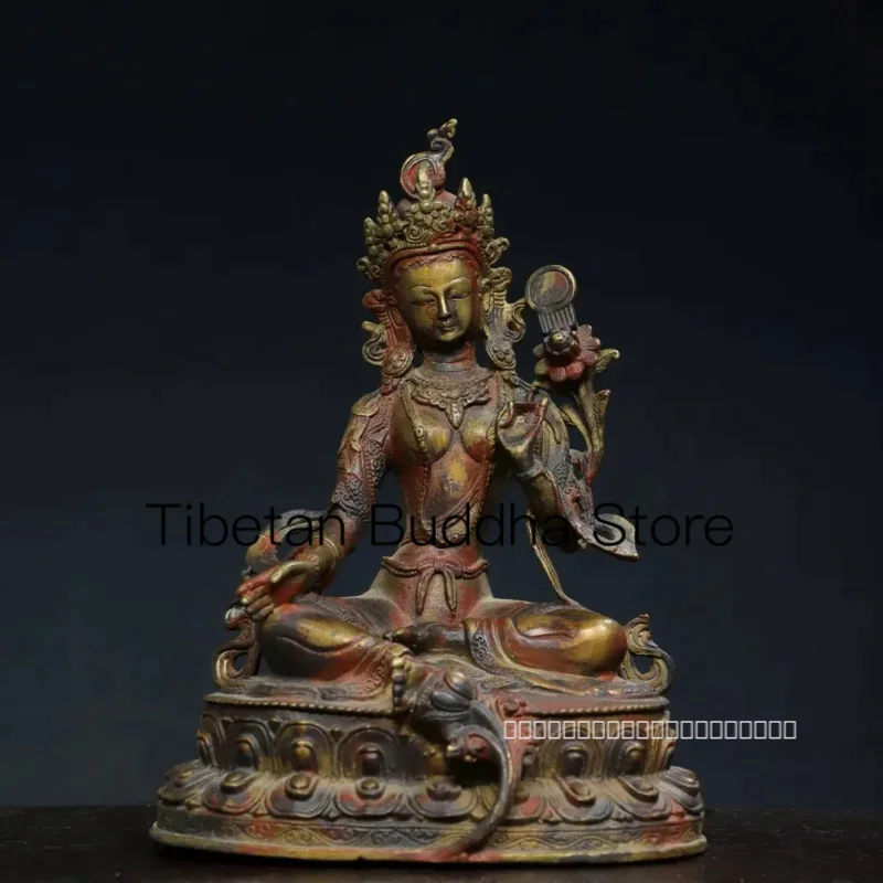 

22cm Nepalese Tibetan brass clay gold cinnabar painted Guanyin Bodhisattva green Tara seated ornament